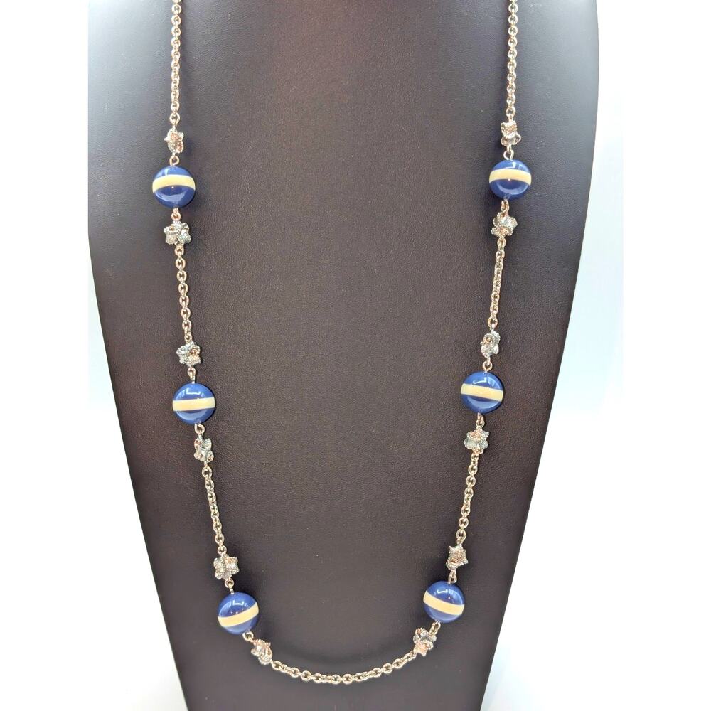 Talbot's Silver Tone Blue Strip & Ruffled Bow Bead Station 32" Necklace